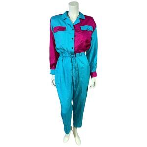 1990s Ideas Color Block Windbreaker Jumpsuit Teal Magenta Athletic One-Piece Med